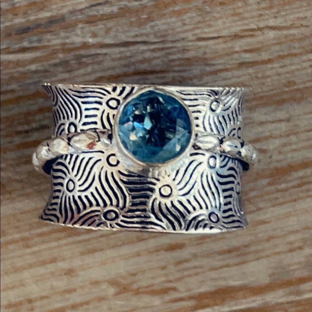 Fidget Ring Blue Topaz Spinner Sterling Silver Artisan Anxiety Ring - Picture 3 of 10